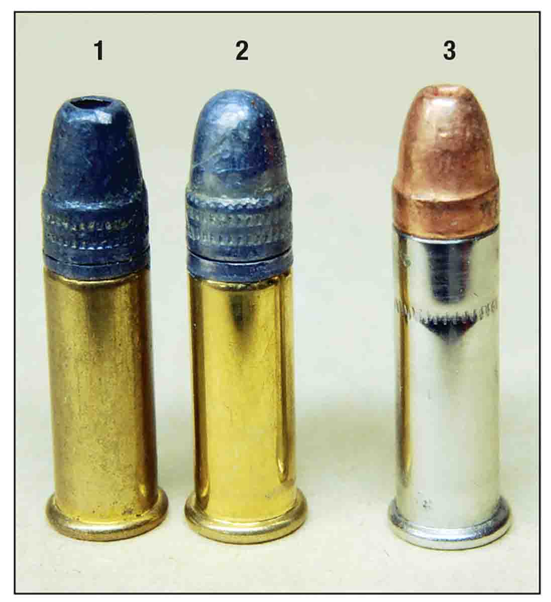 Long Rifle cartridges (1 and 2) having a normal .613-inch case, will fit in the match chamber. Long-cased CCI Stinger cartridges (3) will not.